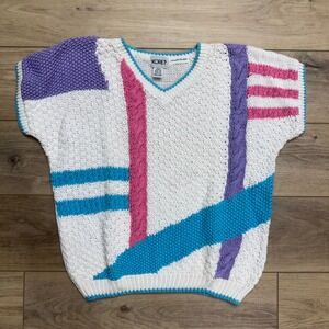 Koret Vintage 80s Hand Knit Geometric Sweater Vest White Pink Purple 1X Ramie
